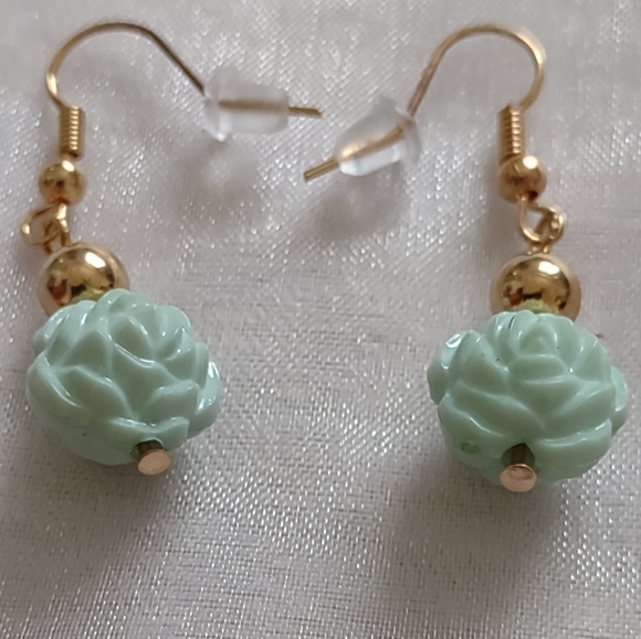Apple green carved rose drop ball round earrings